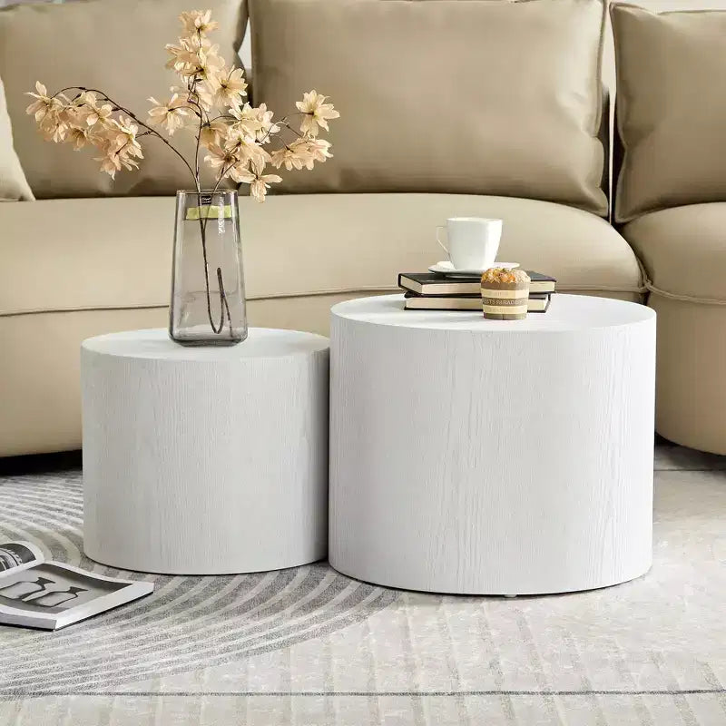 Tables d'appoint gigognes cylindriques effet bois, lot de 2 – Crème / Noir mat / Chêne / Noyer / Blanc