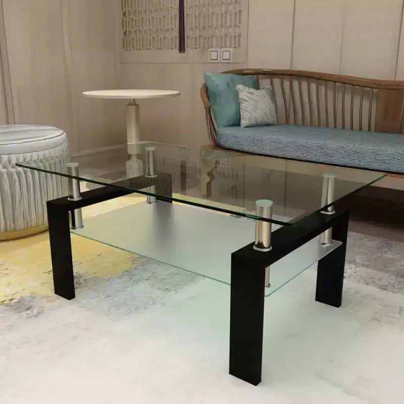 Table basse rectangulaire en verre à 2 niveaux – Noir / Chêne / Blanc cassé / Noyer / Blanc, 1 place