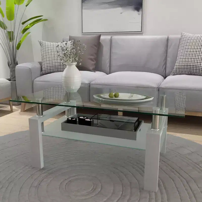 Table basse rectangulaire en verre à 2 niveaux – Noir / Chêne / Blanc cassé / Noyer / Blanc, 1 place