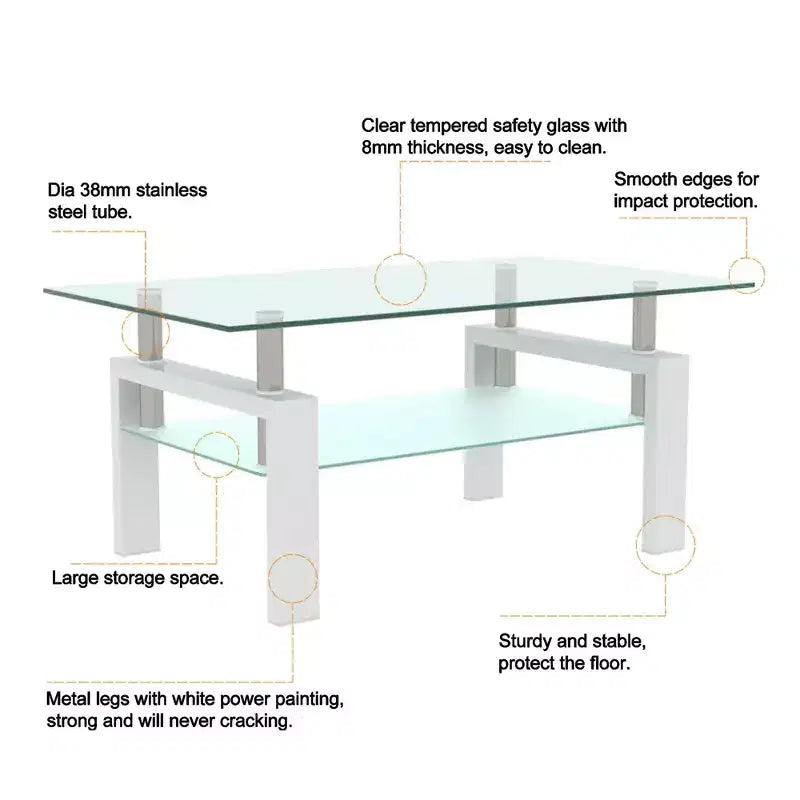 Table basse rectangulaire en verre à 2 niveaux – Noir / Chêne / Blanc cassé / Noyer / Blanc, 1 place