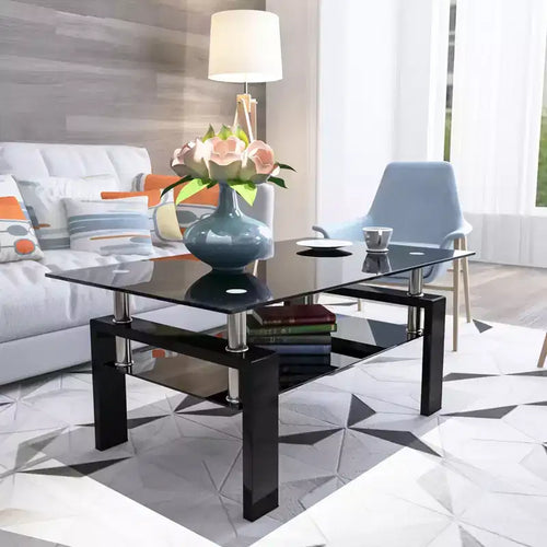 Okak Elegant Rectangle Glass Coffee Table, Modern Side Center Tables 2-Tier Clear Coffee Table for Living Room