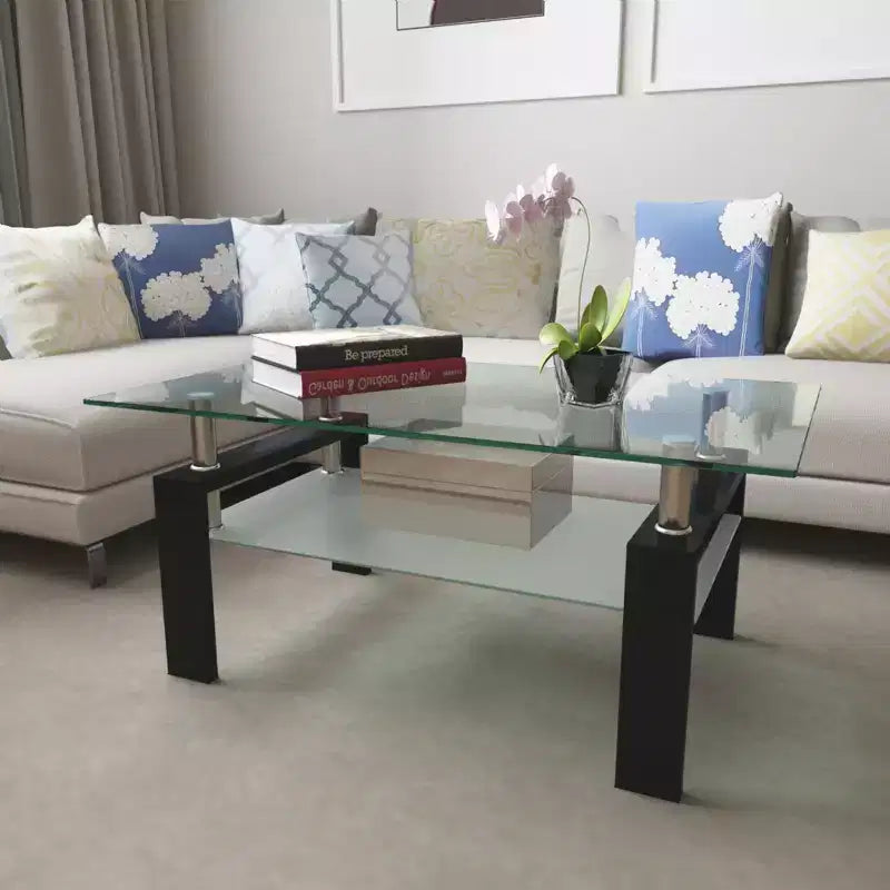 Table basse rectangulaire en verre à 2 niveaux – Noir / Chêne / Blanc cassé / Noyer / Blanc, 1 place
