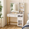 GustoWave Vanity Desk with Lighted Mirror, Large Makeup Dressing Table with Power Outlet 2 Drawers 1 Cabinet and Open Storage Shelves for Bedroom