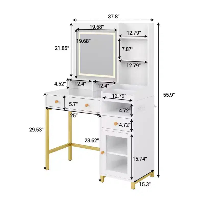 Coiffeuse avec miroir lumineux blanc, 2 tiroirs et armoire en acrylique, prise électrique, table de maquillage individuelle