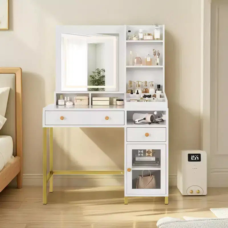 Coiffeuse avec miroir lumineux blanc, 2 tiroirs et armoire en acrylique, prise électrique, table de maquillage individuelle