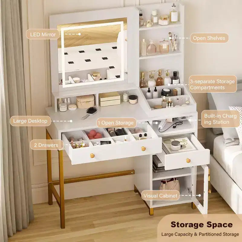 Coiffeuse avec miroir lumineux blanc, 2 tiroirs et armoire en acrylique, prise électrique, table de maquillage individuelle