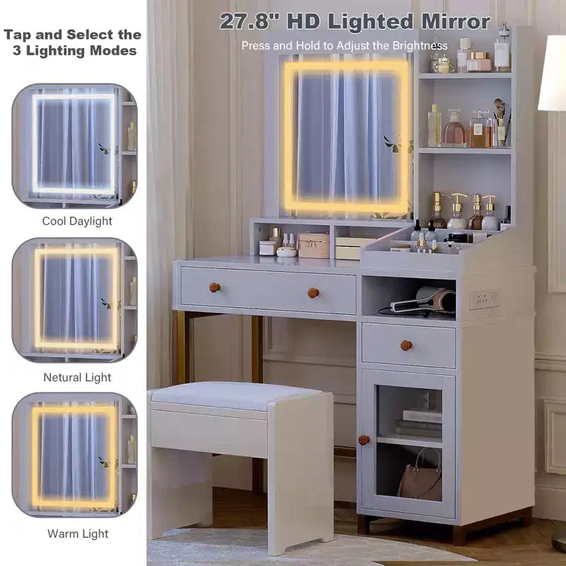 Coiffeuse avec miroir lumineux blanc, 2 tiroirs et armoire en acrylique, prise électrique, table de maquillage individuelle