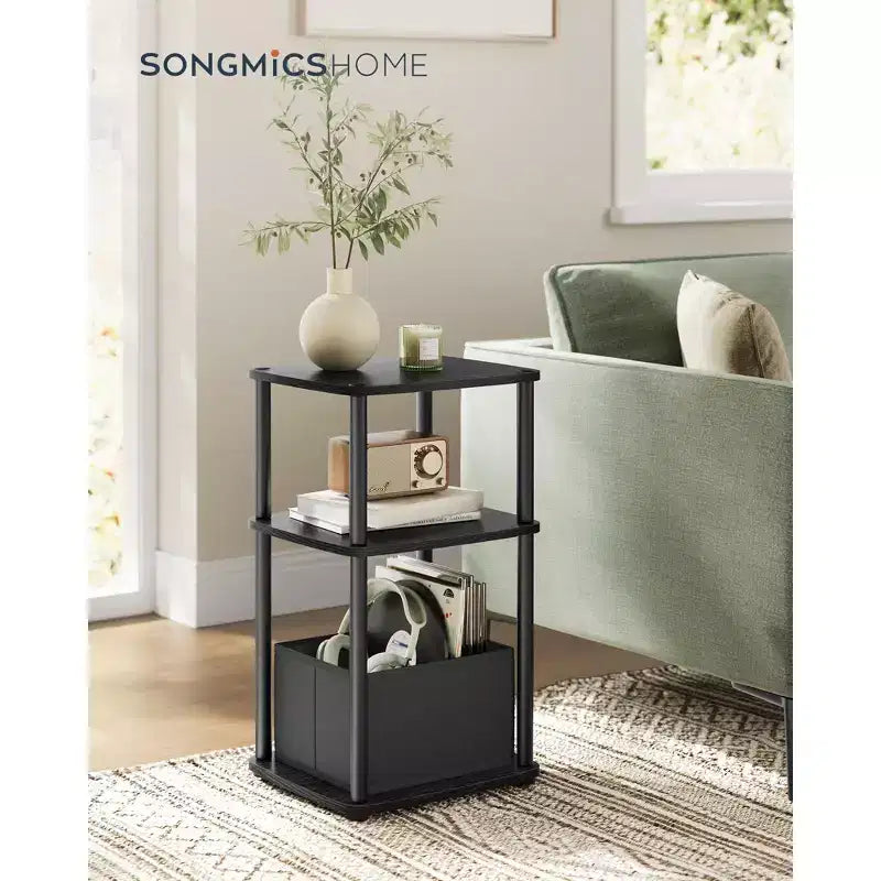 Table d'appoint noire à 3 niveaux avec panier en tissu – Structure en acier, simple
