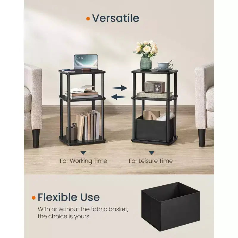 Table d'appoint noire à 3 niveaux avec panier en tissu – Structure en acier, simple