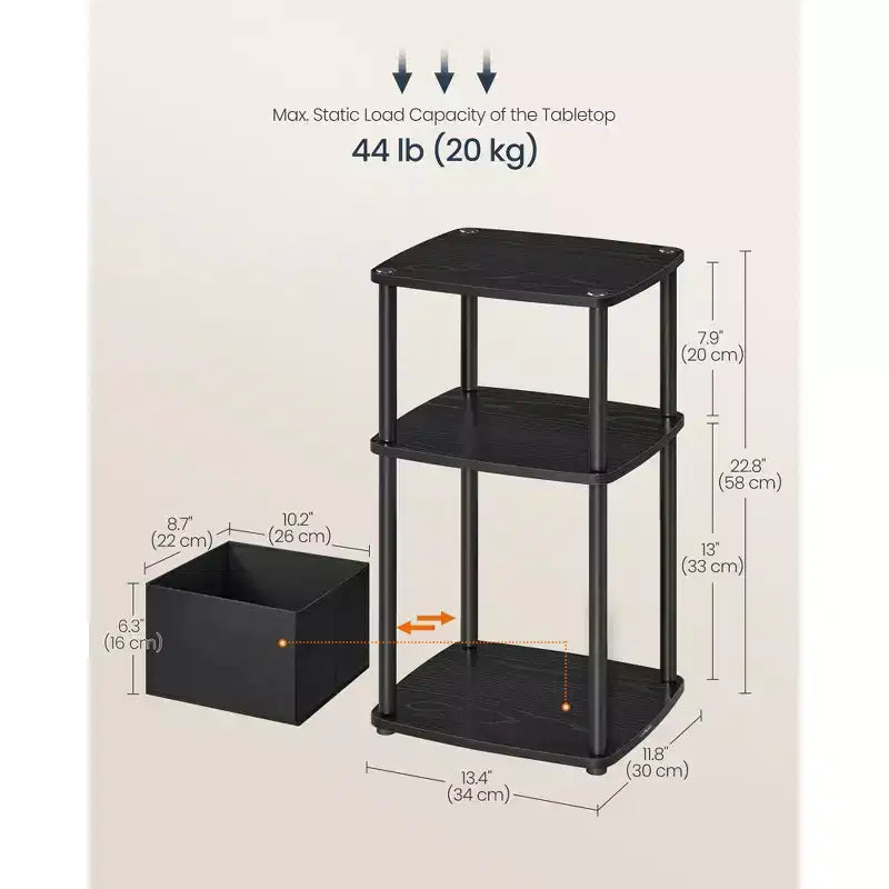 Table d'appoint noire à 3 niveaux avec panier en tissu – Structure en acier, simple