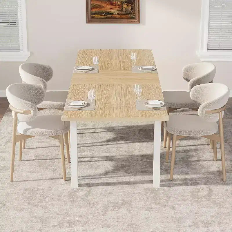 Table à manger extensible Off-White, plateau en bois, 4 à 8 places