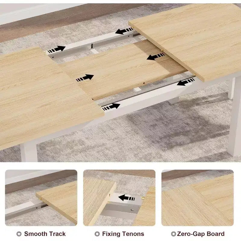 Table à manger extensible Off-White, plateau en bois, 4 à 8 places
