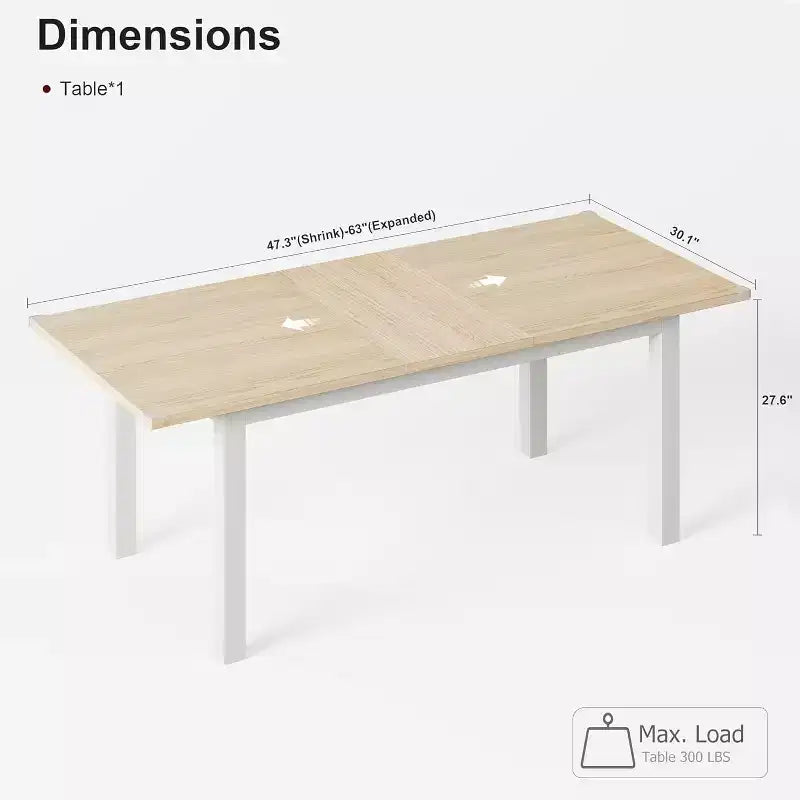 Table à manger extensible Off-White, plateau en bois, 4 à 8 places