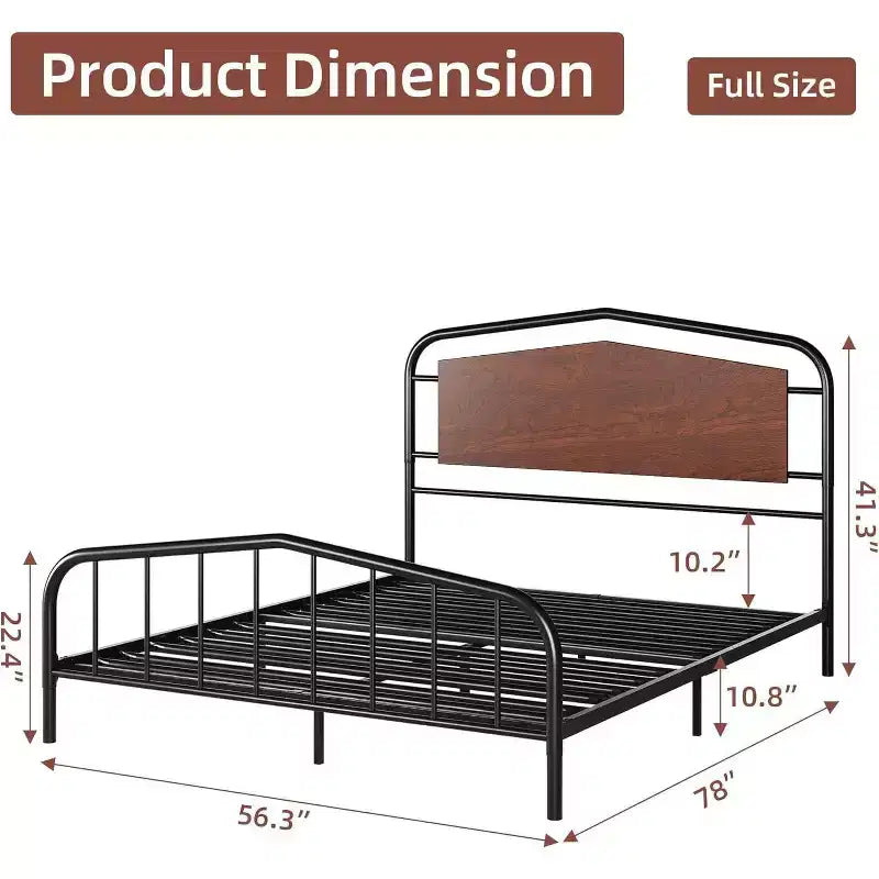 Cadre de lit plateforme double – Métal noir et grain de bois noyer, pour 1 personne