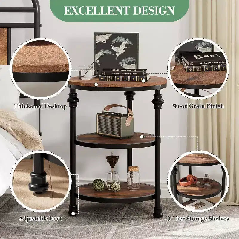 Table d'appoint ronde à 3 niveaux – Chêne foncé / Couleur rétro, Cadre en métal, Utilisation 1 personne