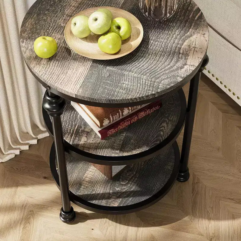 Table d'appoint ronde à 3 niveaux – Chêne foncé / Couleur rétro, Cadre en métal, Utilisation 1 personne