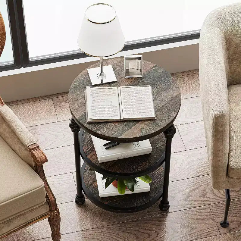 Table d'appoint ronde à 3 niveaux – Chêne foncé / Couleur rétro, Cadre en métal, Utilisation 1 personne