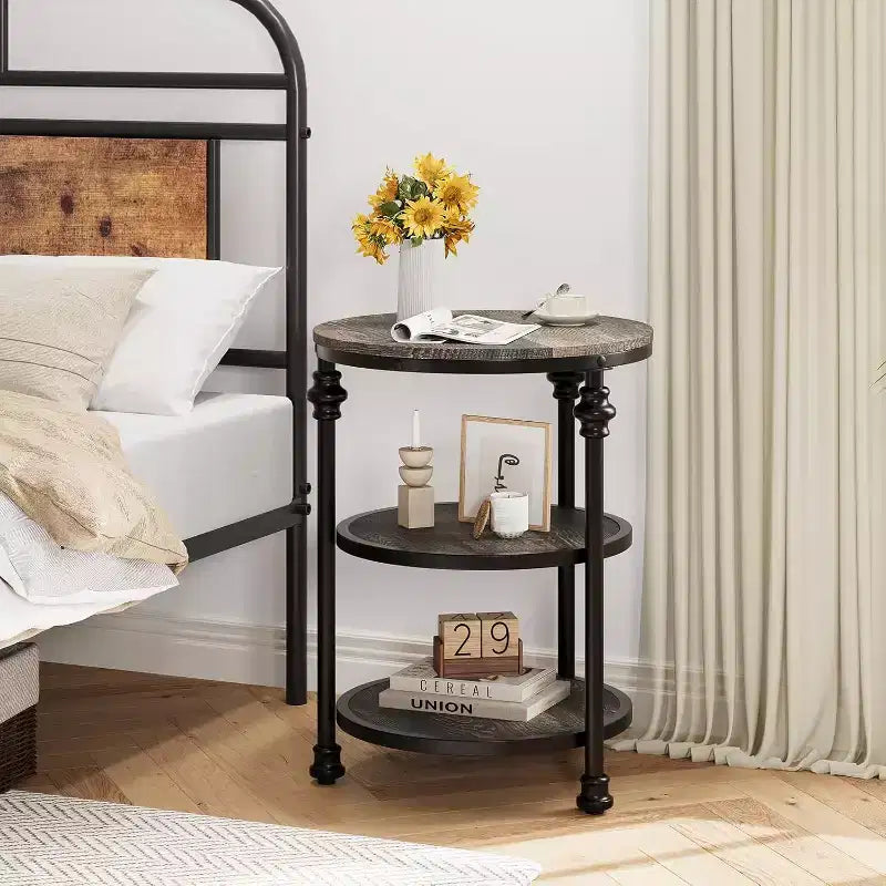 Table d'appoint ronde à 3 niveaux – Chêne foncé / Couleur rétro, Cadre en métal, Utilisation 1 personne