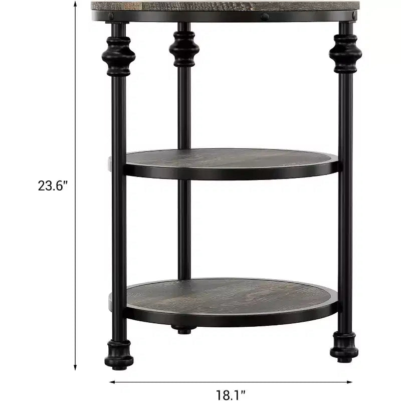 Table d'appoint ronde à 3 niveaux – Chêne foncé / Couleur rétro, Cadre en métal, Utilisation 1 personne