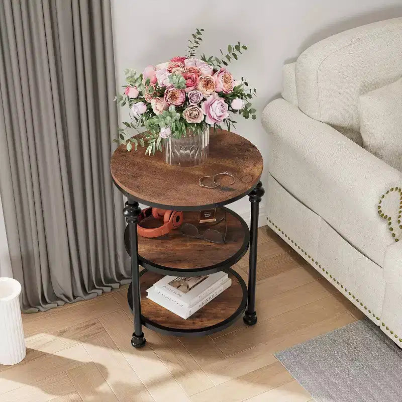 Table d'appoint ronde à 3 niveaux – Chêne foncé / Couleur rétro, Cadre en métal, Utilisation 1 personne