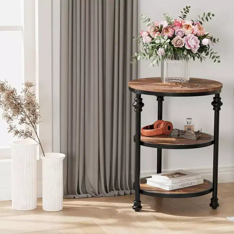 Table d'appoint ronde à 3 niveaux – Chêne foncé / Couleur rétro, Cadre en métal, Utilisation 1 personne