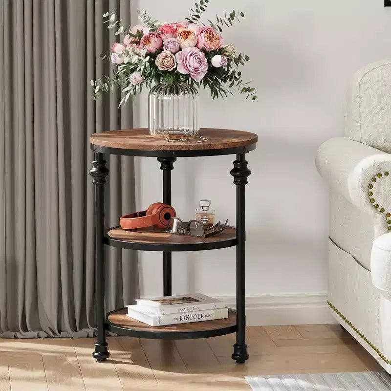 Table d'appoint ronde à 3 niveaux – Chêne foncé / Couleur rétro, Cadre en métal, Utilisation 1 personne