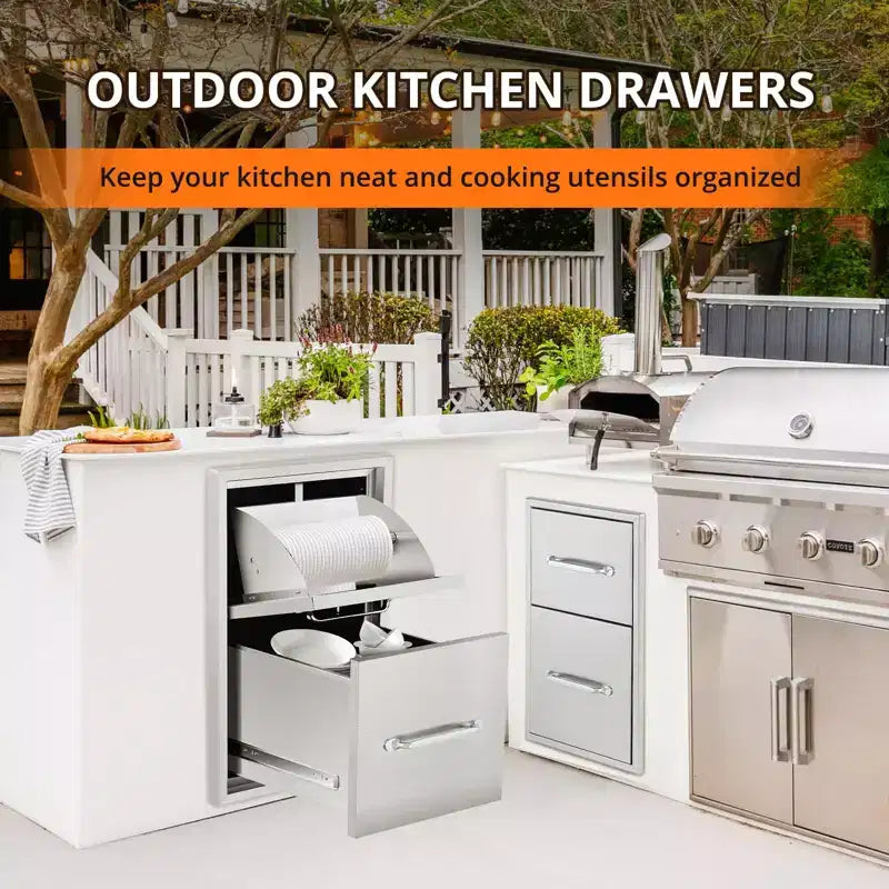 Meuble d'extérieur de cuisine en acier inoxydable argenté – 3 tiroirs et 3 portes avec porte-serviettes en papier, montage affleurant, pour îlot de barbecue 1 station