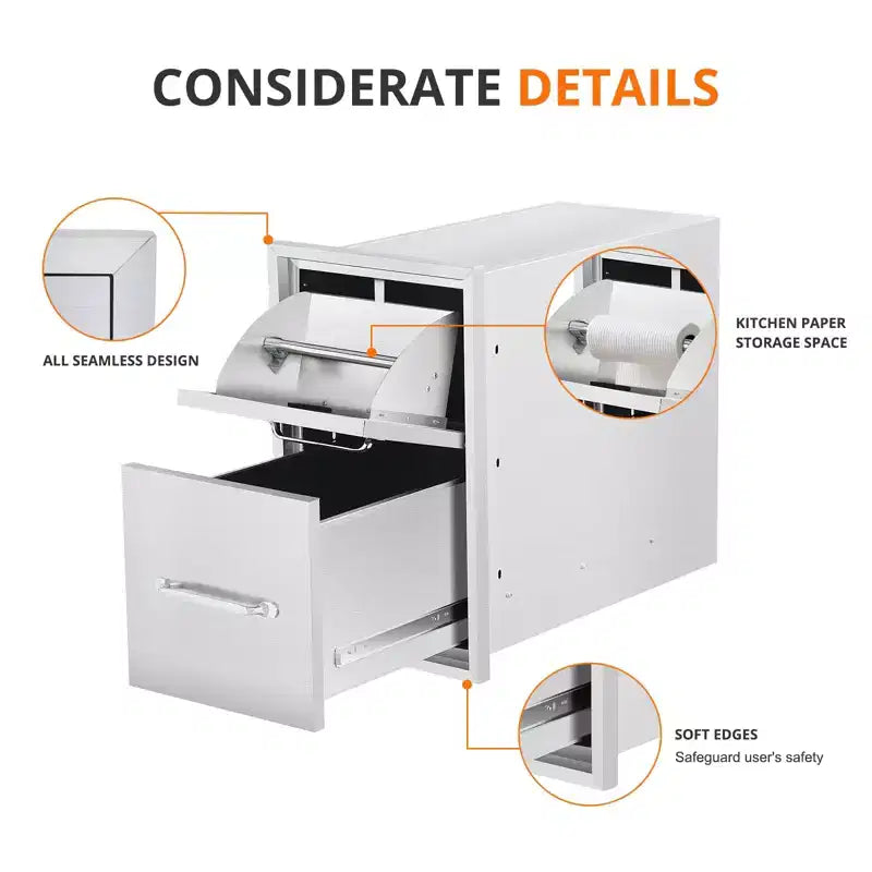 Meuble d'extérieur de cuisine en acier inoxydable argenté – 3 tiroirs et 3 portes avec porte-serviettes en papier, montage affleurant, pour îlot de barbecue 1 station