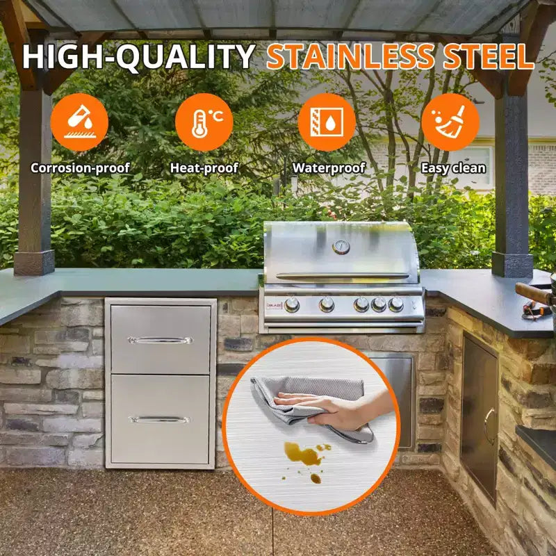 Meuble d'extérieur de cuisine en acier inoxydable argenté – 3 tiroirs et 3 portes avec porte-serviettes en papier, montage affleurant, pour îlot de barbecue 1 station