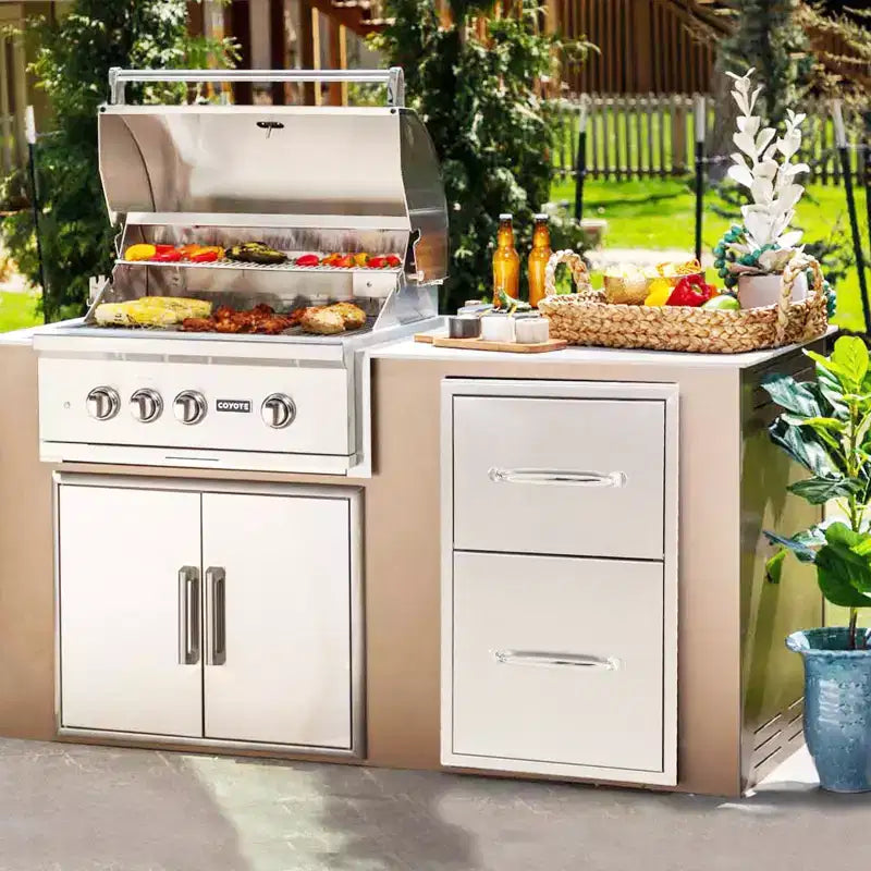 Meuble d'extérieur de cuisine en acier inoxydable argenté – 3 tiroirs et 3 portes avec porte-serviettes en papier, montage affleurant, pour îlot de barbecue 1 station