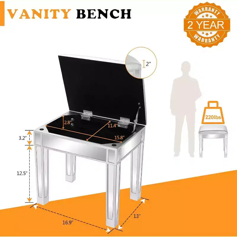 Banc de coiffeuse miroir argenté avec rangement, similicuir, 1 place