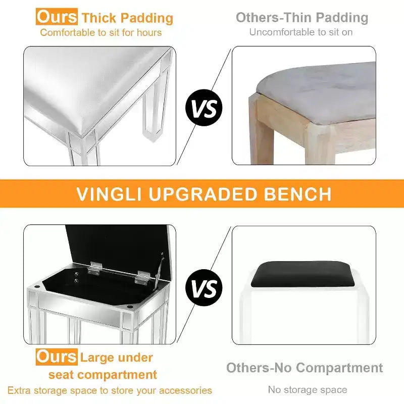 Banc de coiffeuse miroir argenté avec rangement, similicuir, 1 place