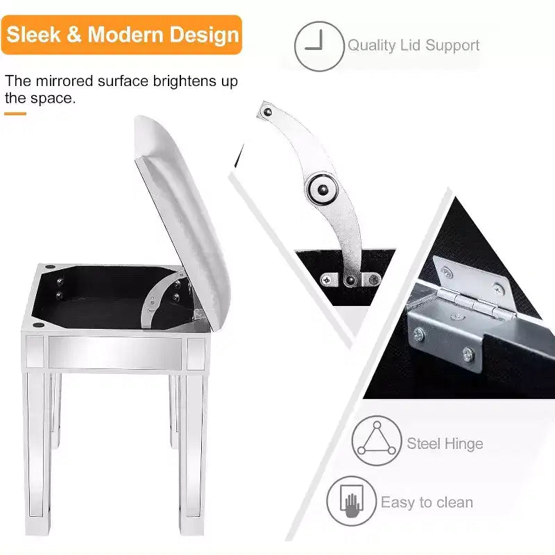 Banc de coiffeuse miroir argenté avec rangement, similicuir, 1 place
