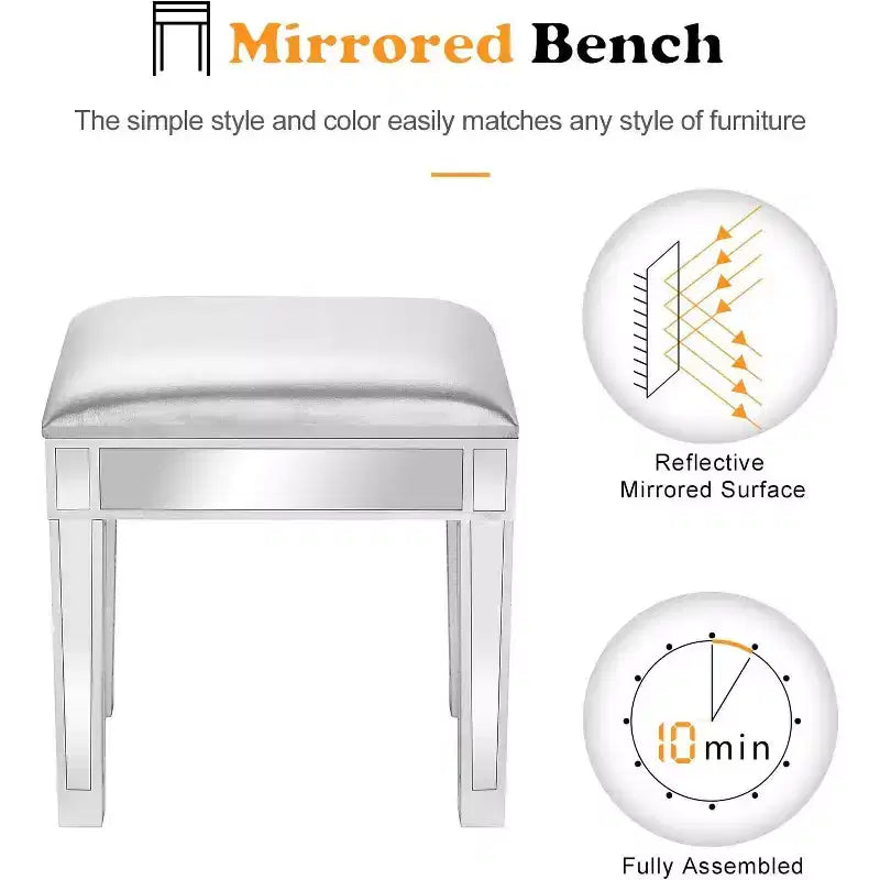 Banc de coiffeuse miroir argenté avec rangement, similicuir, 1 place