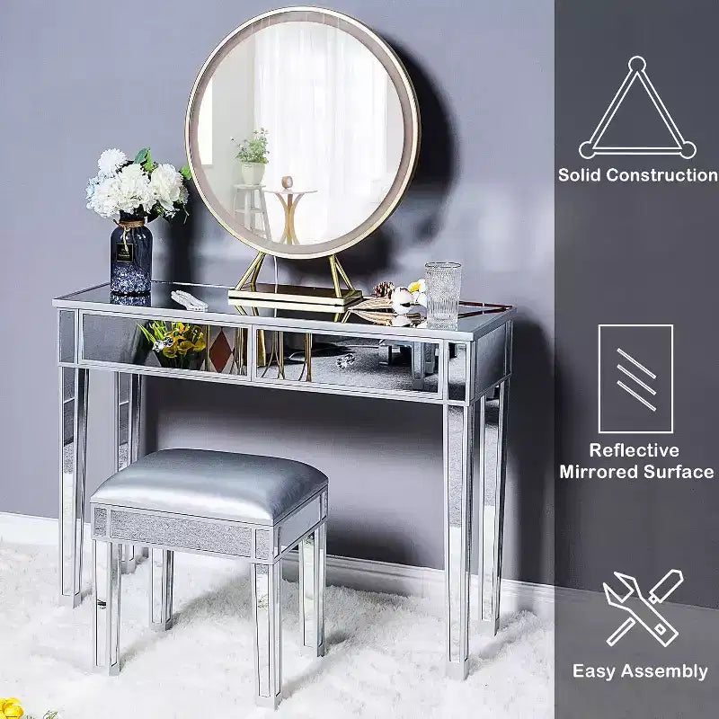 Banc de coiffeuse miroir argenté avec rangement, similicuir, 1 place