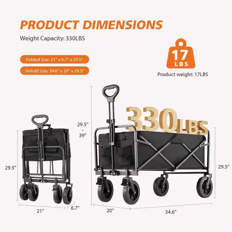 Chariot pliant grand format noir – tout-terrain, capacité 150 kg, 1 personne