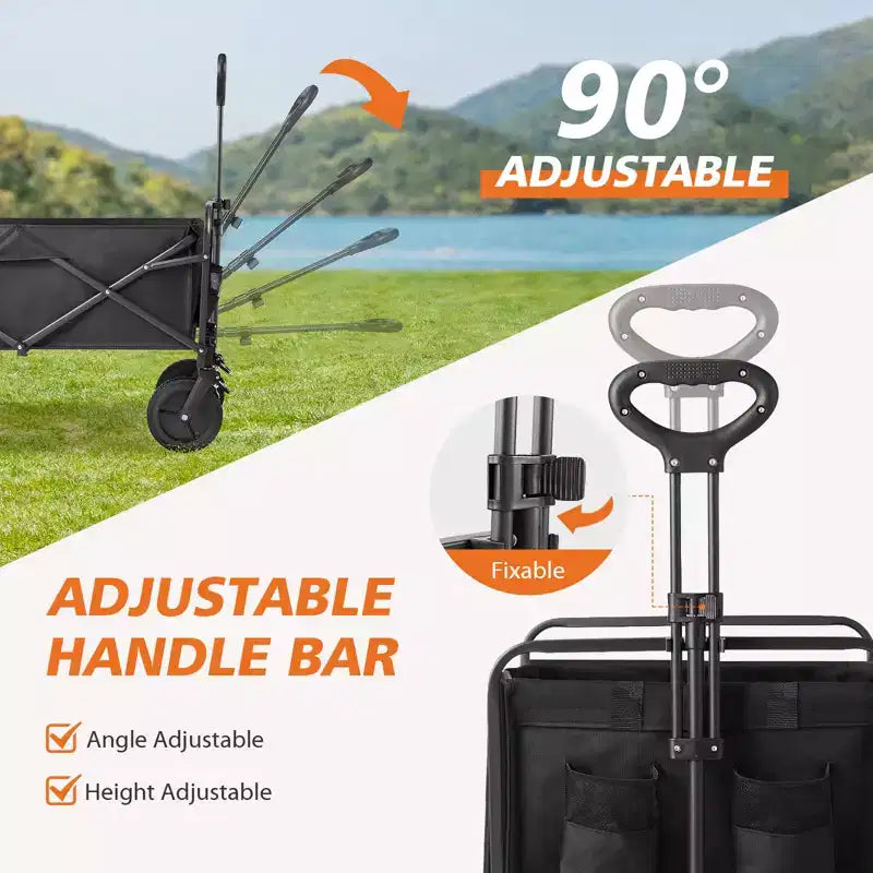 Chariot pliant grand format noir – tout-terrain, capacité 150 kg, 1 personne