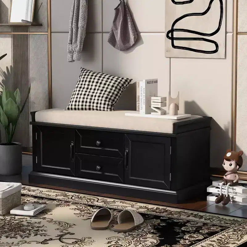 TUYOHW Storage Bench with 2 Drawers and 2 Cabinets, Shoe Bench with Removable Cushion for Living Room and Entryway, Black