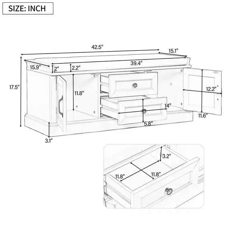 Banc de rangement noir avec 2 tiroirs et 2 placards – Banc à chaussures capitonné pour 1 personne