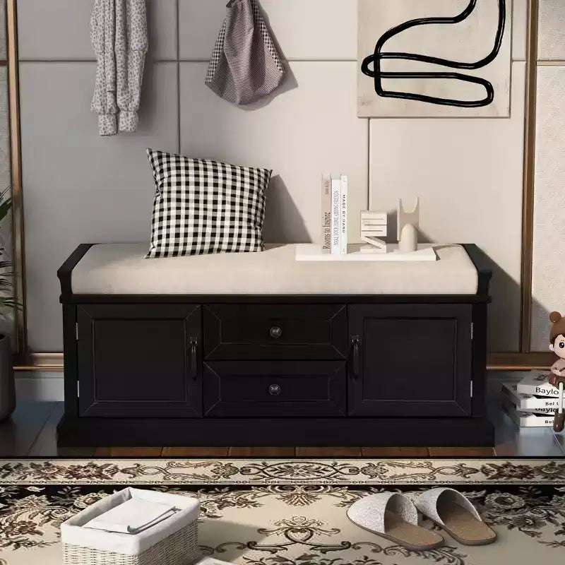 Banc de rangement noir avec 2 tiroirs et 2 placards – Banc à chaussures capitonné pour 1 personne