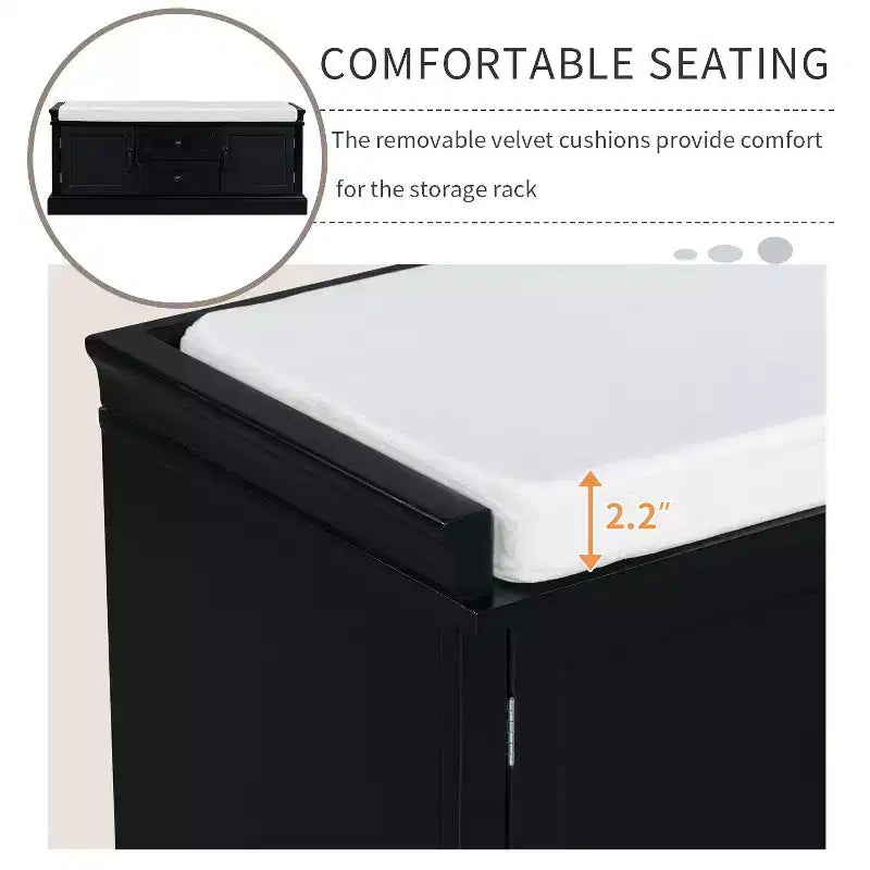 Banc de rangement noir avec 2 tiroirs et 2 placards – Banc à chaussures capitonné pour 1 personne