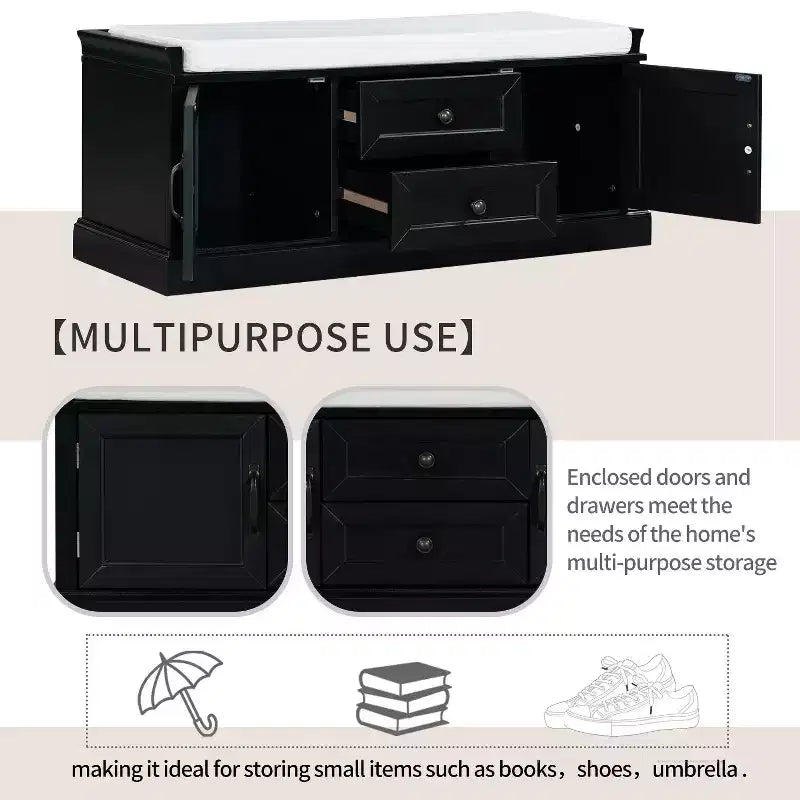 Banc de rangement noir avec 2 tiroirs et 2 placards – Banc à chaussures capitonné pour 1 personne