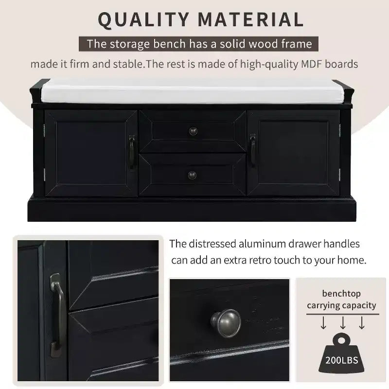 Banc de rangement noir avec 2 tiroirs et 2 placards – Banc à chaussures capitonné pour 1 personne