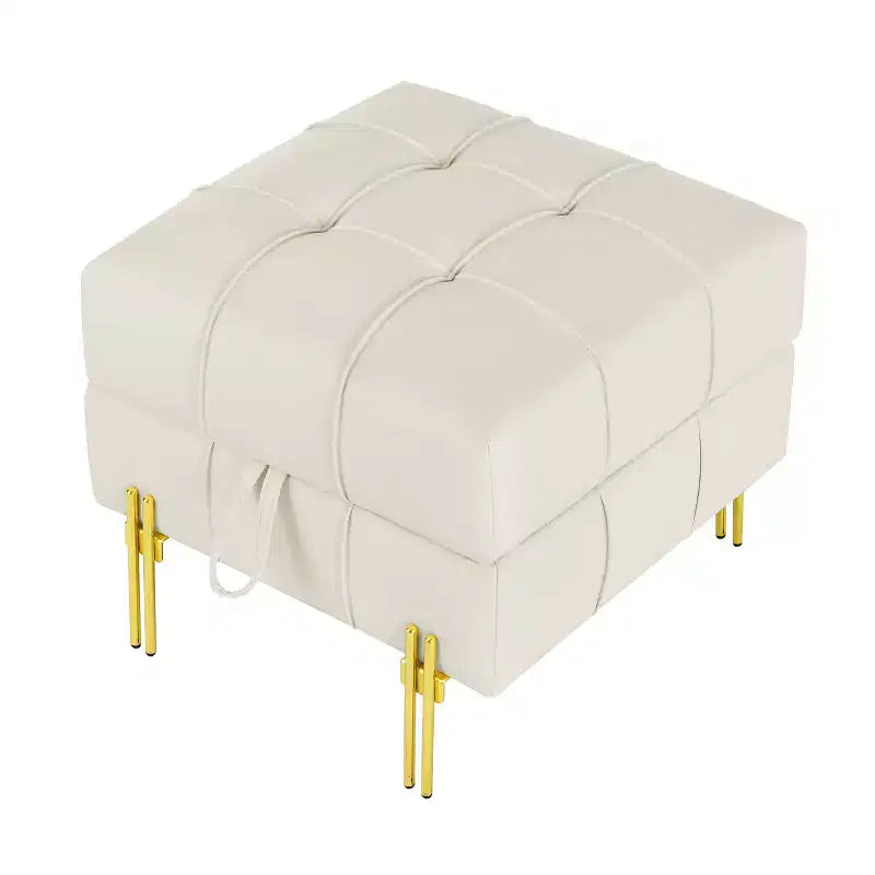Pouffe de rangement capitonné carré beige avec pieds dorés – Assise individuelle