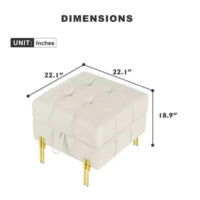 Pouffe de rangement capitonné carré beige avec pieds dorés – Assise individuelle