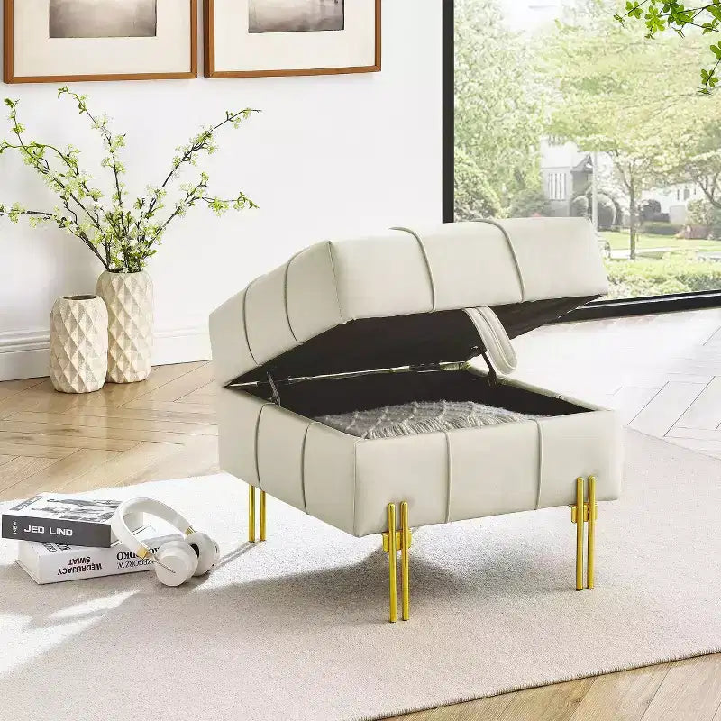 Pouffe de rangement capitonné carré beige avec pieds dorés – Assise individuelle