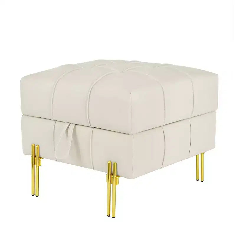 Pouffe de rangement capitonné carré beige avec pieds dorés – Assise individuelle