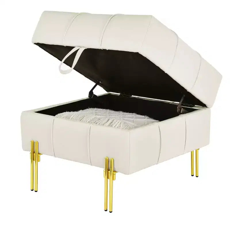 Pouffe de rangement capitonné carré beige avec pieds dorés – Assise individuelle