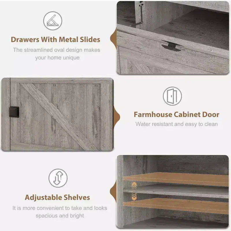 Meuble TV de ferme blanc antique / gris grain de bois, 70", pour téléviseur jusqu'à 80", 4 tiroirs et 3 étagères ouvertes, pour 1