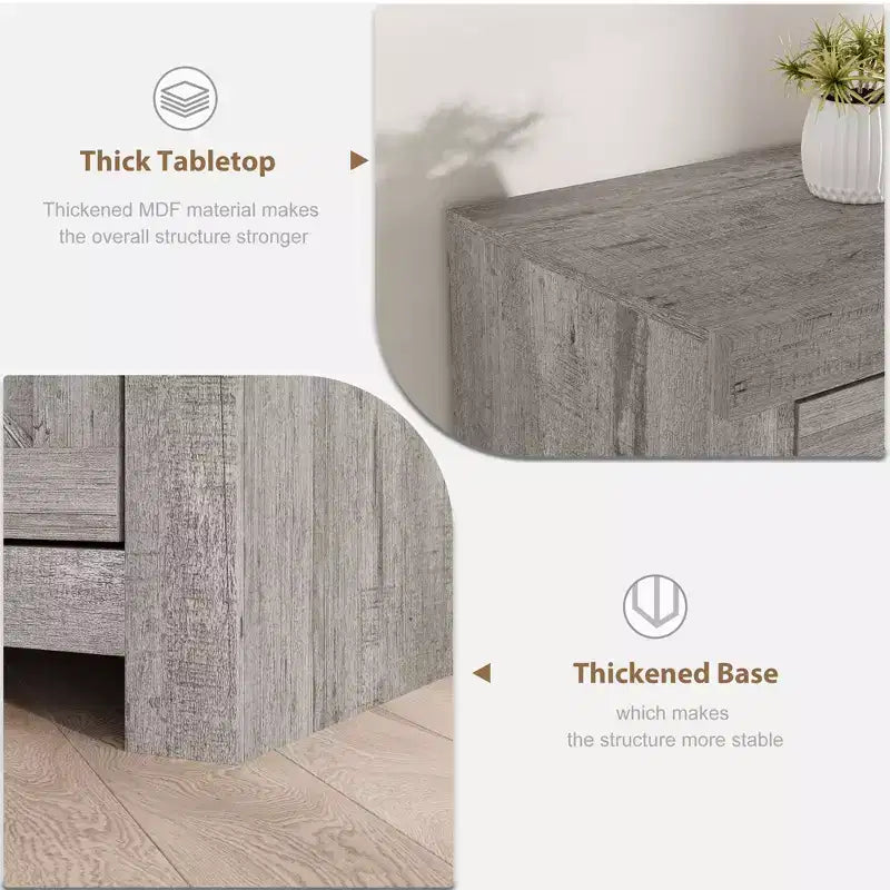 Meuble TV de ferme blanc antique / gris grain de bois, 70", pour téléviseur jusqu'à 80", 4 tiroirs et 3 étagères ouvertes, pour 1